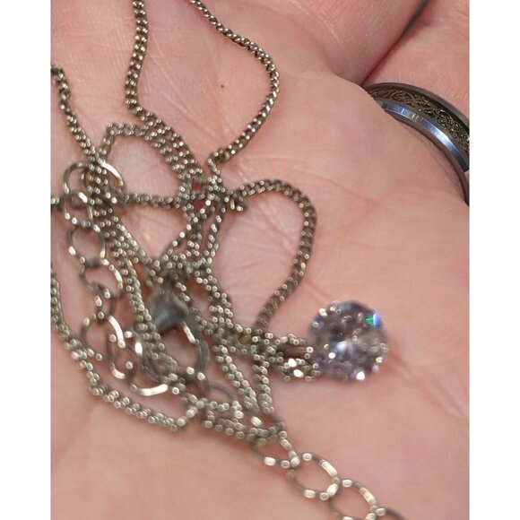 Minimalist Dainty Circular Cubic Zirconia Pendant On Silver Tone Chain - Picture 4 of 8